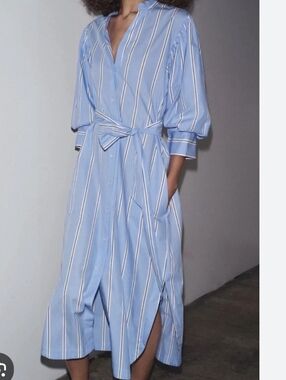 ZARA COLLECTION COTTON PINSTRIPE BLUE, WHITE  MIDI LENGTH DRESS, US XS, S